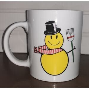 Yellow Smiley Face Emoji Snowman Coffee tea Mug With Broom, Scarf, & Top Hat